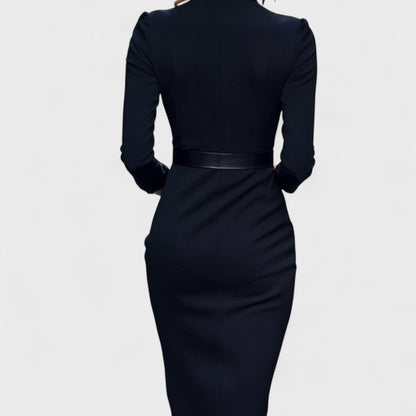 Mandarin - Vestido negro refinado con cinturón y cuello