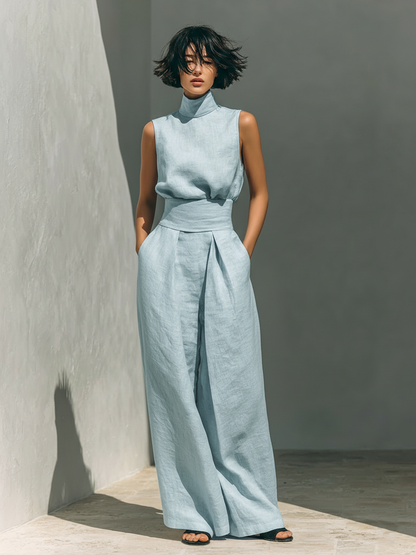 Aida - Conjunto de Blusa Sin Mangas y Pantalones de Pierna Ancha en Algodón y Lino Minimalista para Mujer