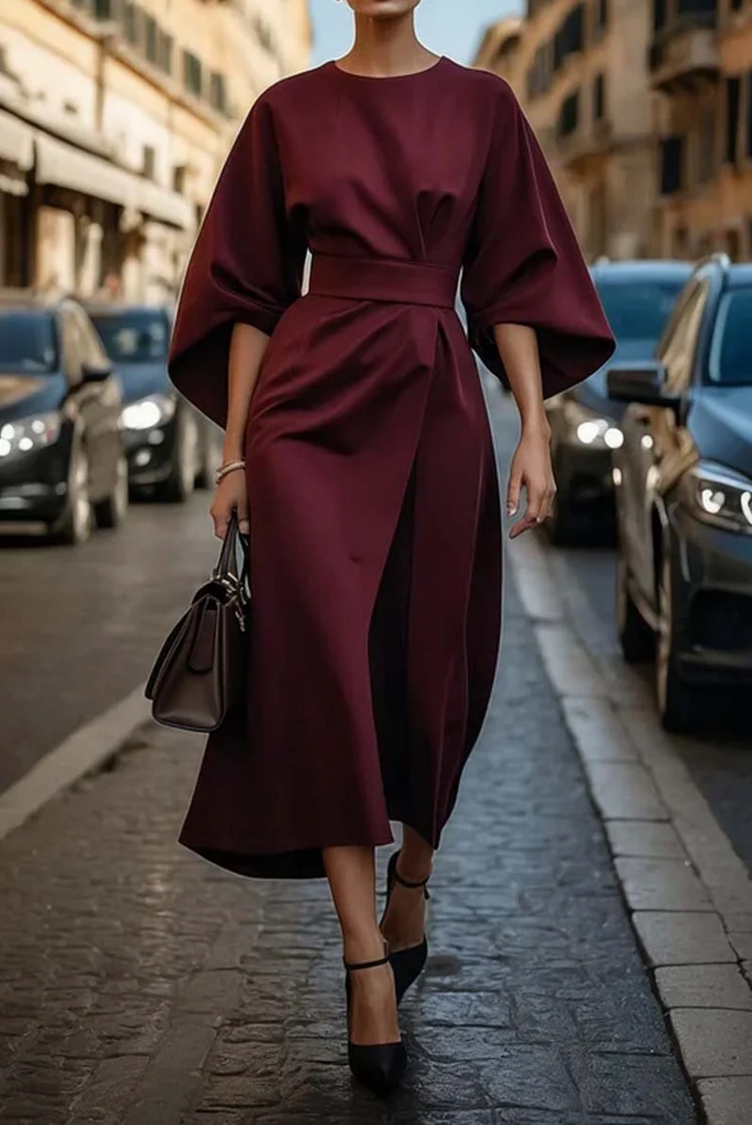 Sofia - Vestido elegante con mangas farol y cinturón para Mujer