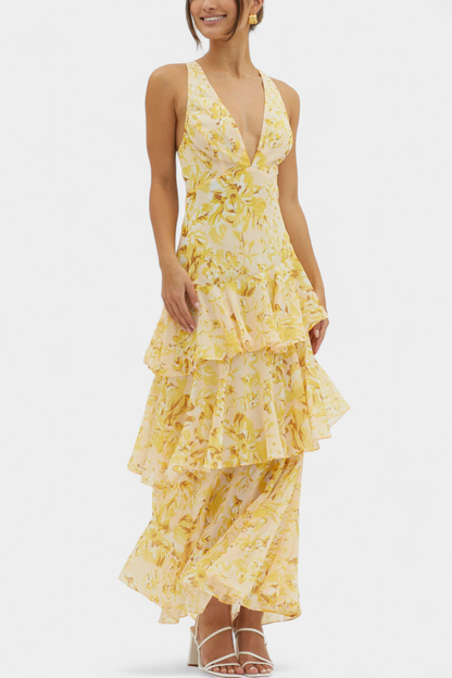 Domenica Vestido de Gasa con Escote en V y Capas Fluidas